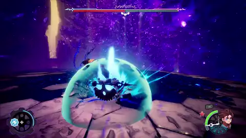 Grapple used mid-boss to cross a shifted arena — traversal and combat in one input